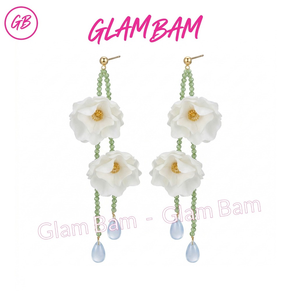 White Flower Dangle Earrings Green Beads Blue‎ Teardrop Tassel Silver Needle New